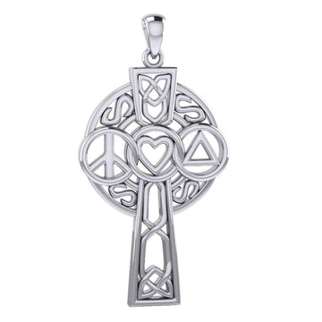 Large Celtic Cross with Heart Peace and Recovery Symbols Silver Pendant TPD7024 - Jewelry